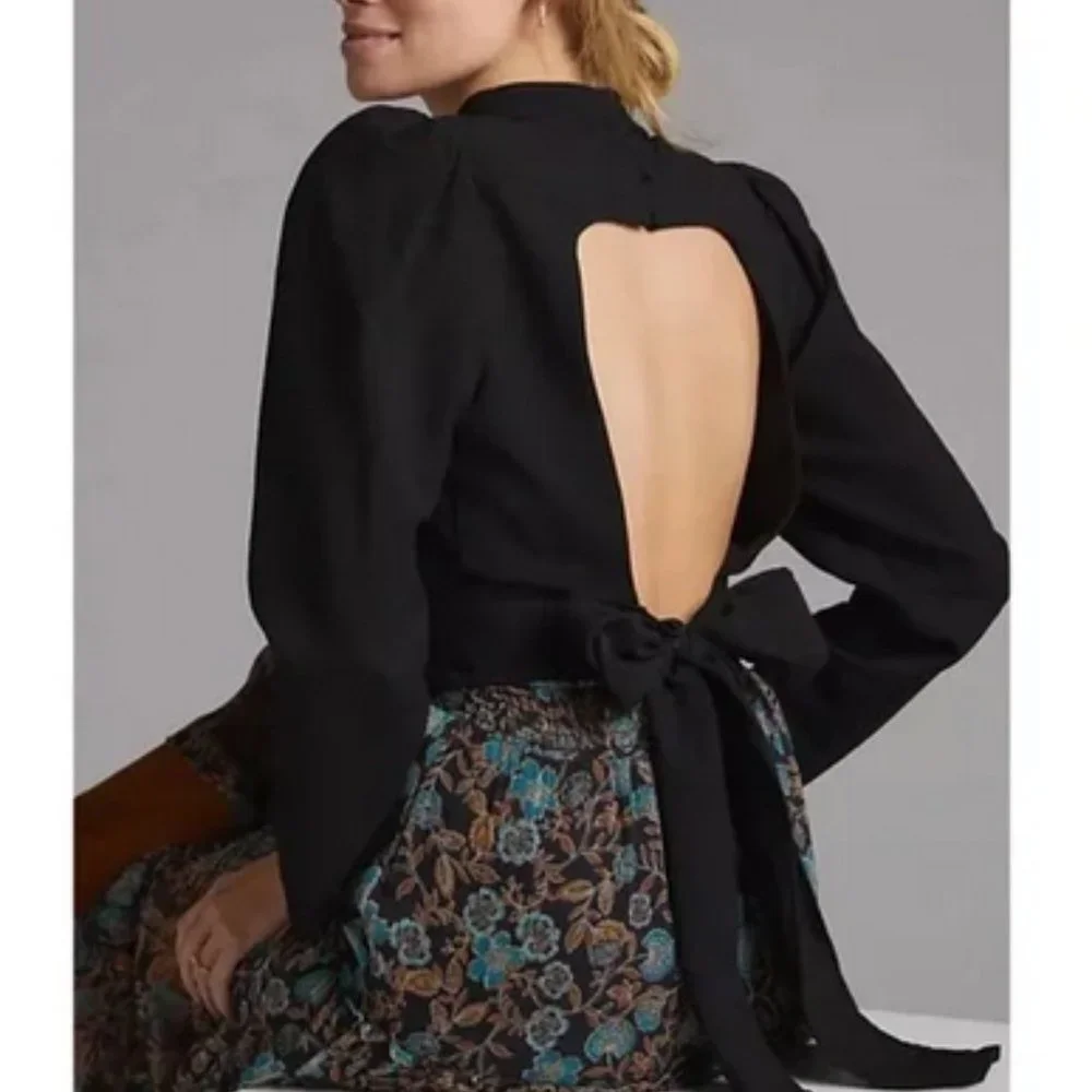 Anthropologie Maeve 16 NWT Black Open-Back Blouse Top Bow Tie back - Picture 4 of 6